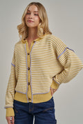 Stripe Button Down Sweater Cardigan with Purple Piping