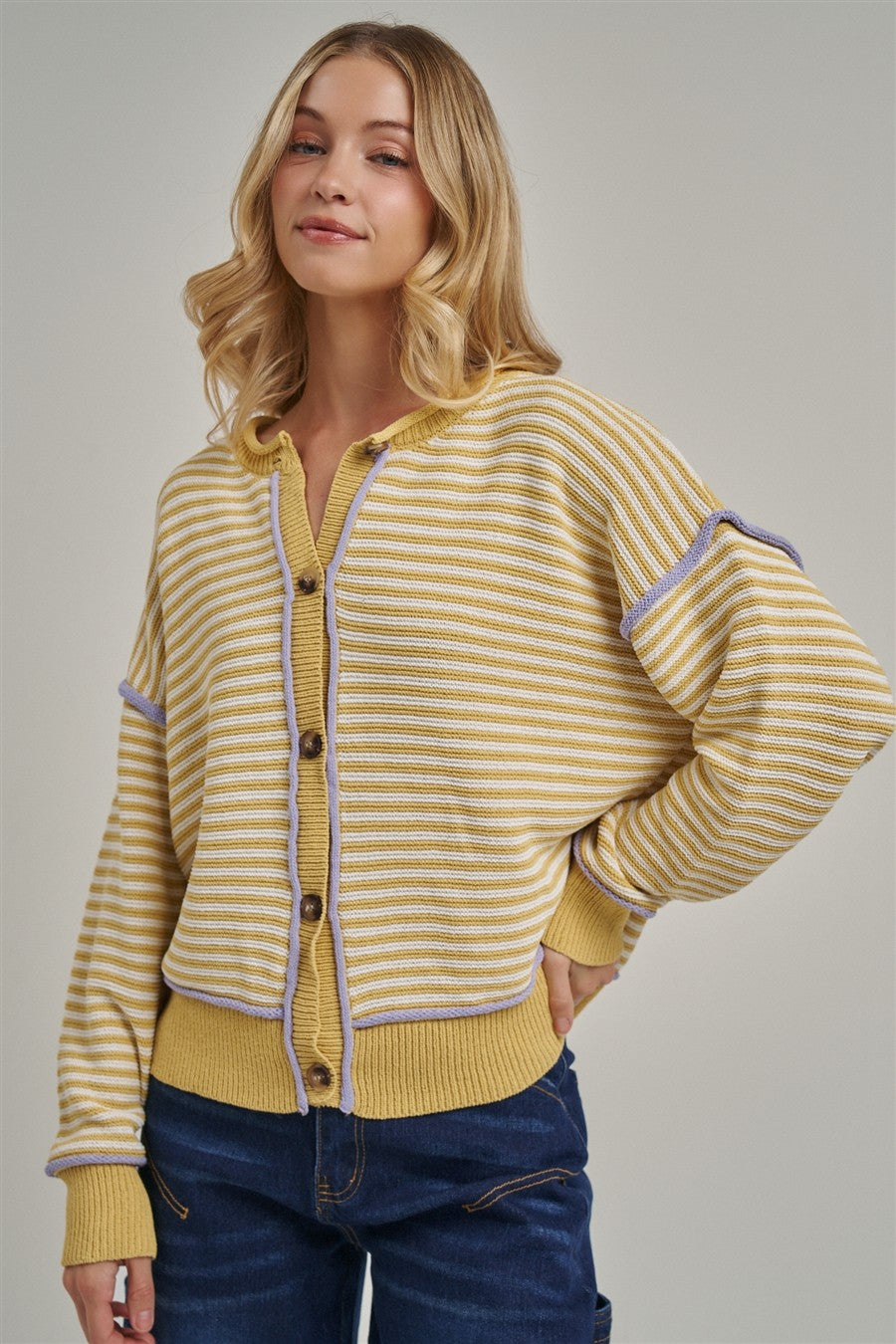 Stripe Button Down Sweater Cardigan with Purple Piping