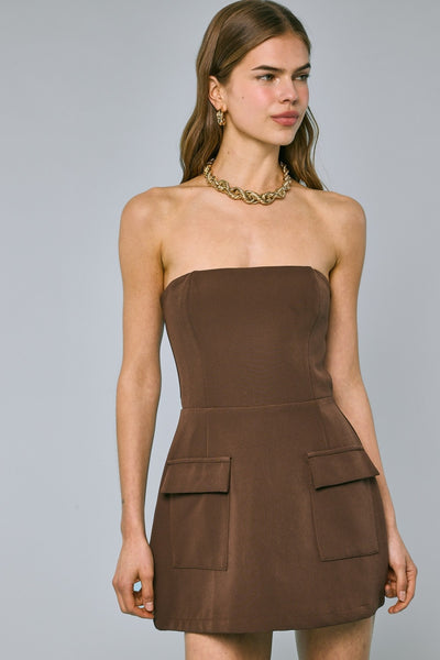 Brown Front Pocket A-line Tube Mini Dress