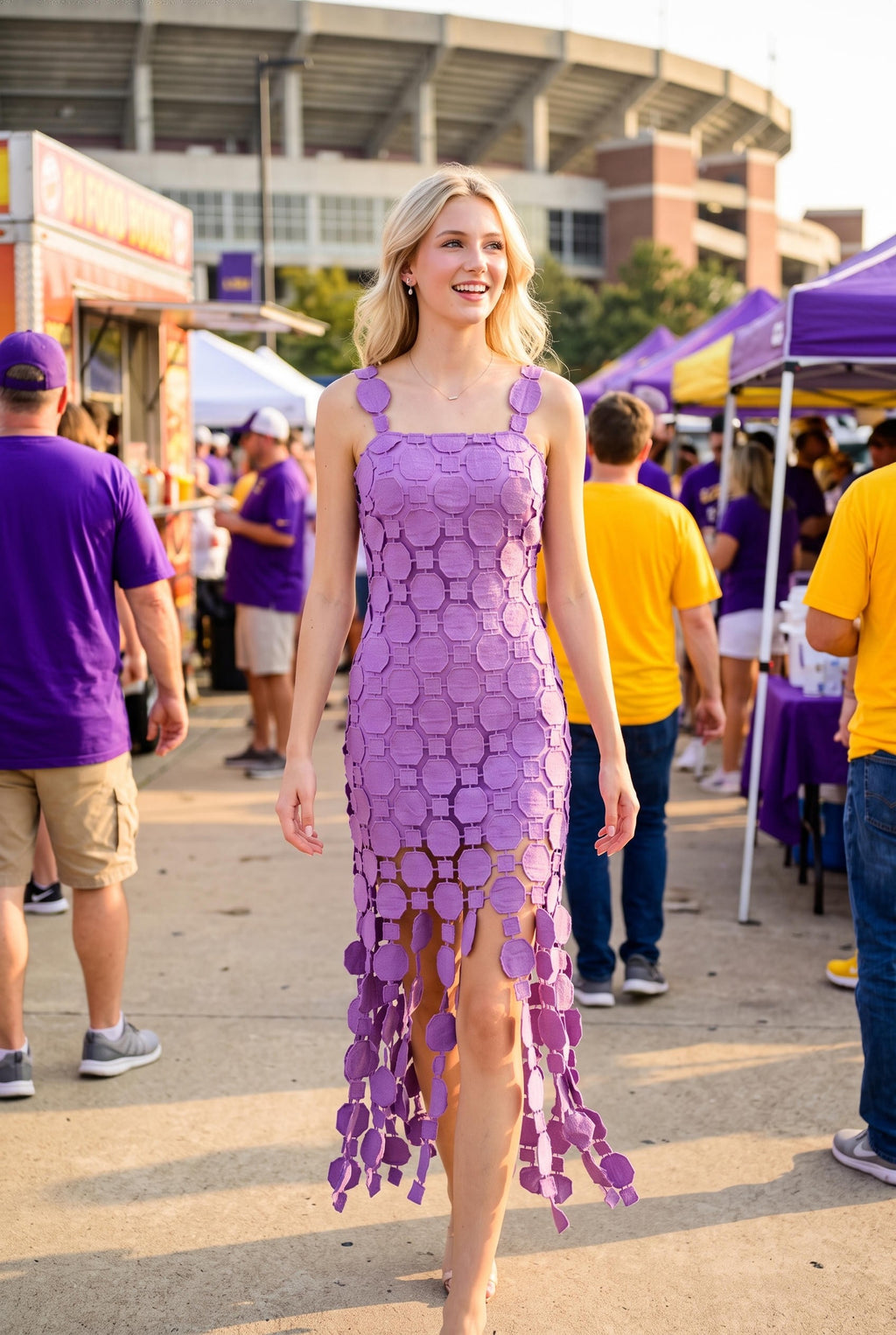 Purple 3d Lace Appliqué Fringe Hem Bodycon Midi Dress