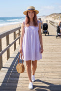 Lilac Striped Smocked Mini Dress With Tied Strap
