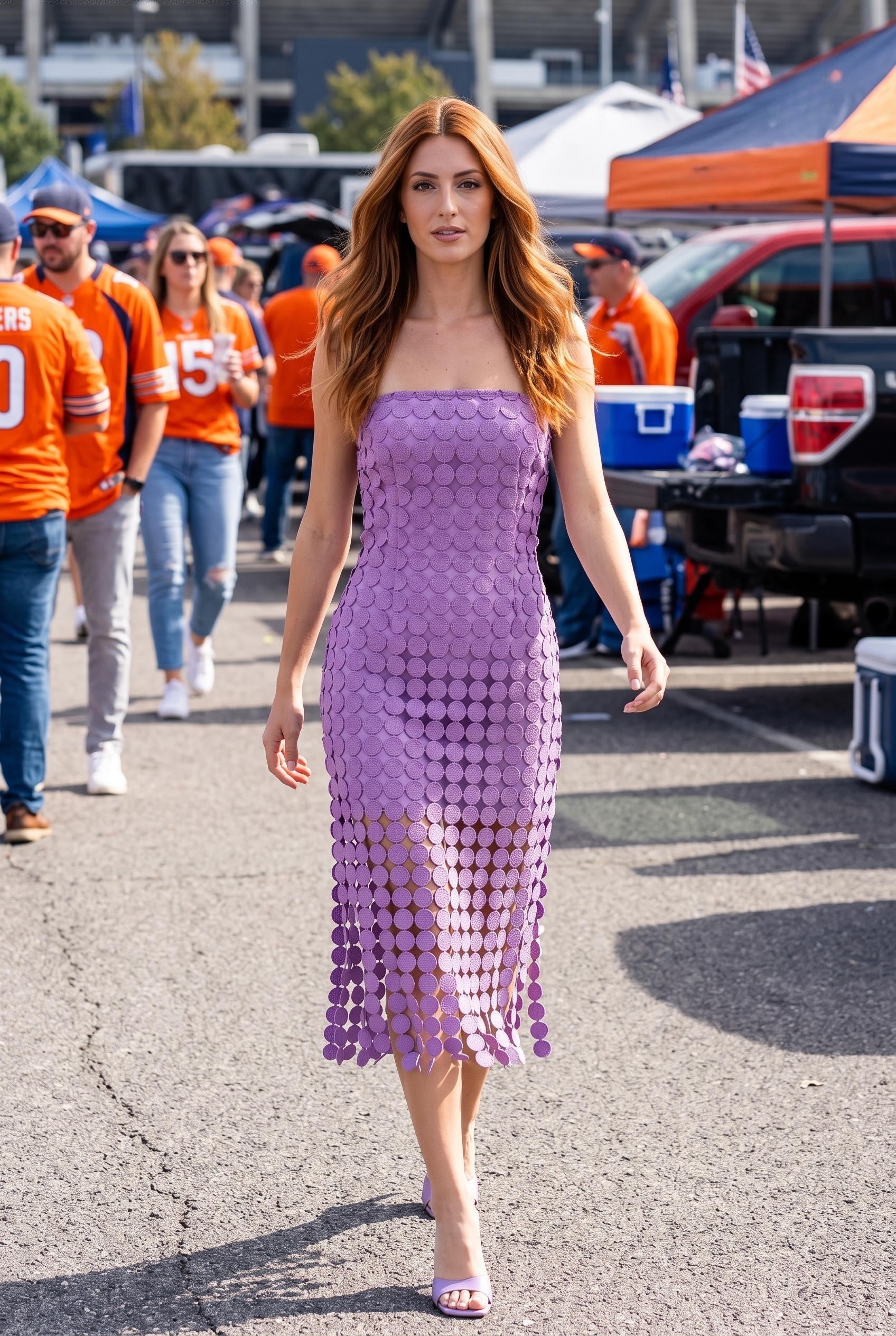 Purple Strapless Circle Lace Fringe Midi Tube Dress