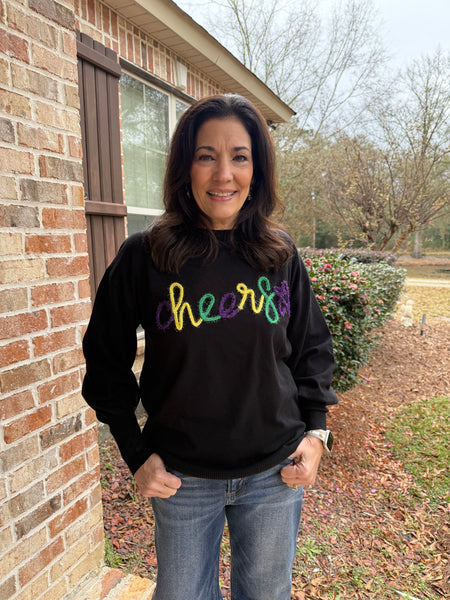 Black Long Sleeve “Cheers” Sweater in Tinsel Letter