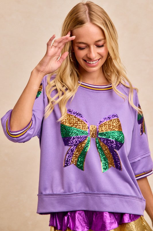 Purple Mardi Gras Theme Ribbon Sequin Patched Top