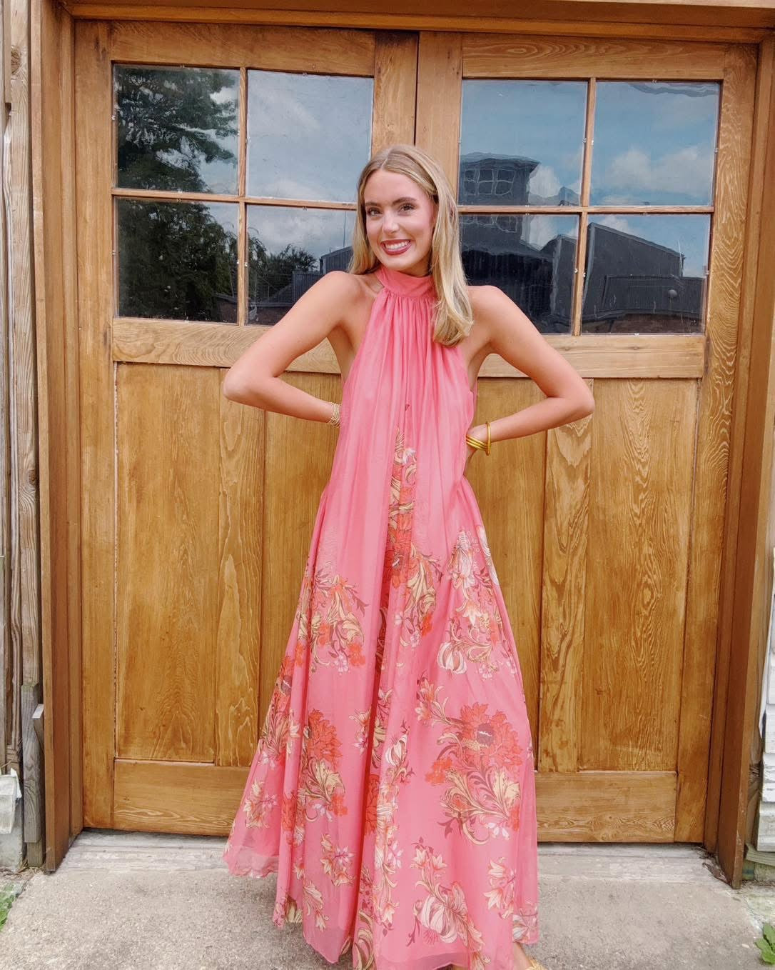 Pink Floral Halter Maxi Dress