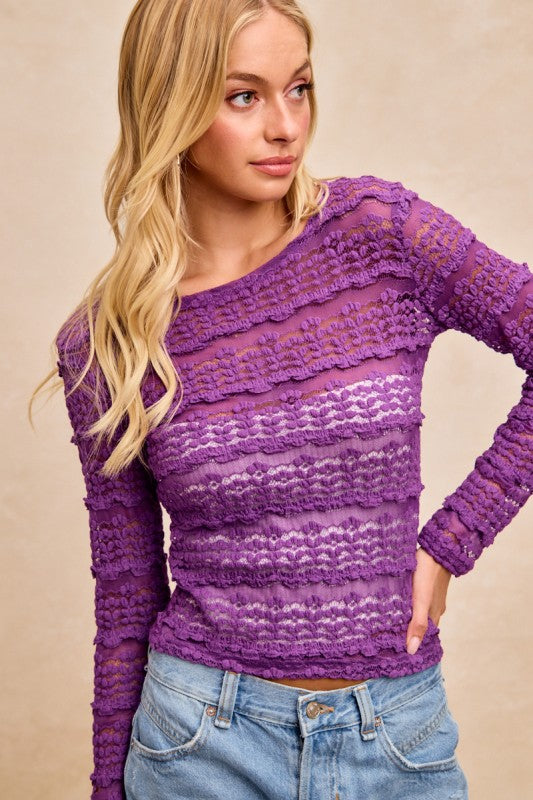 Purple Ruffles Detail Mardi Gras Color Flower Lace Top