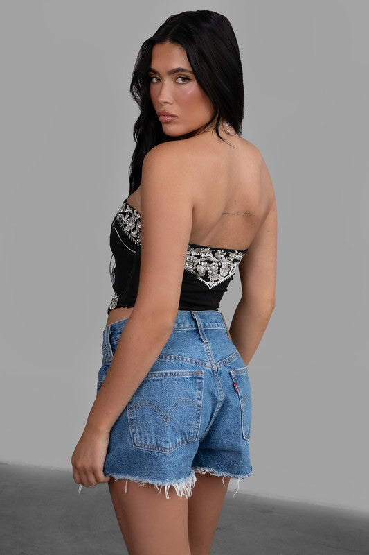 Black Montana Embroidered Suede Bustier Top