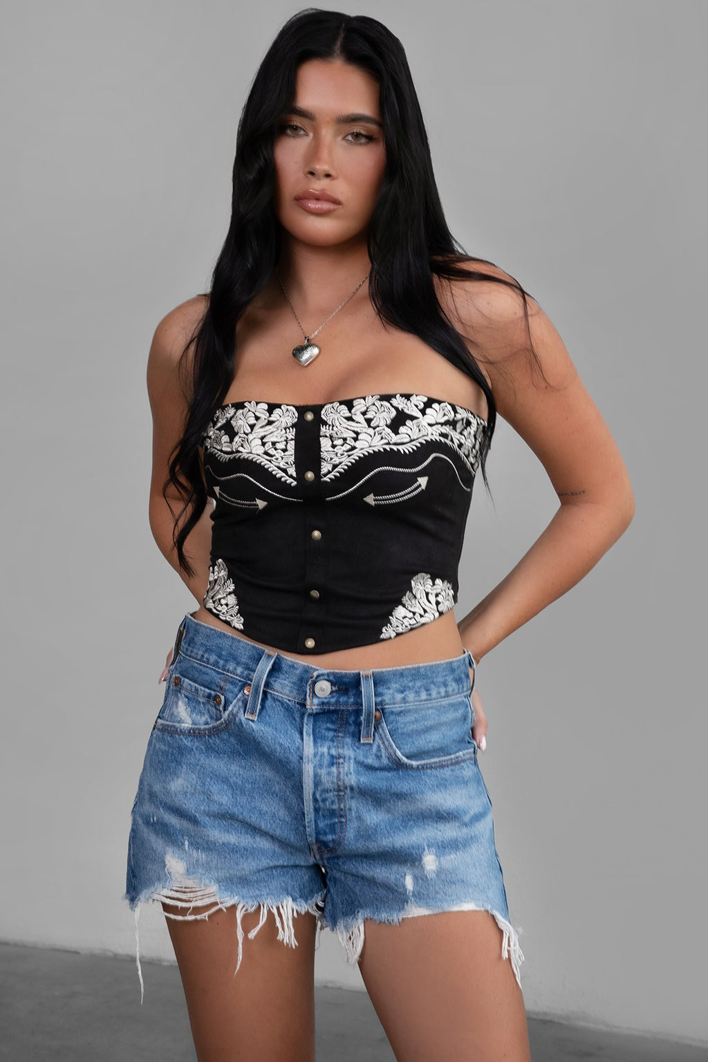 Black Montana Embroidered Suede Bustier Top