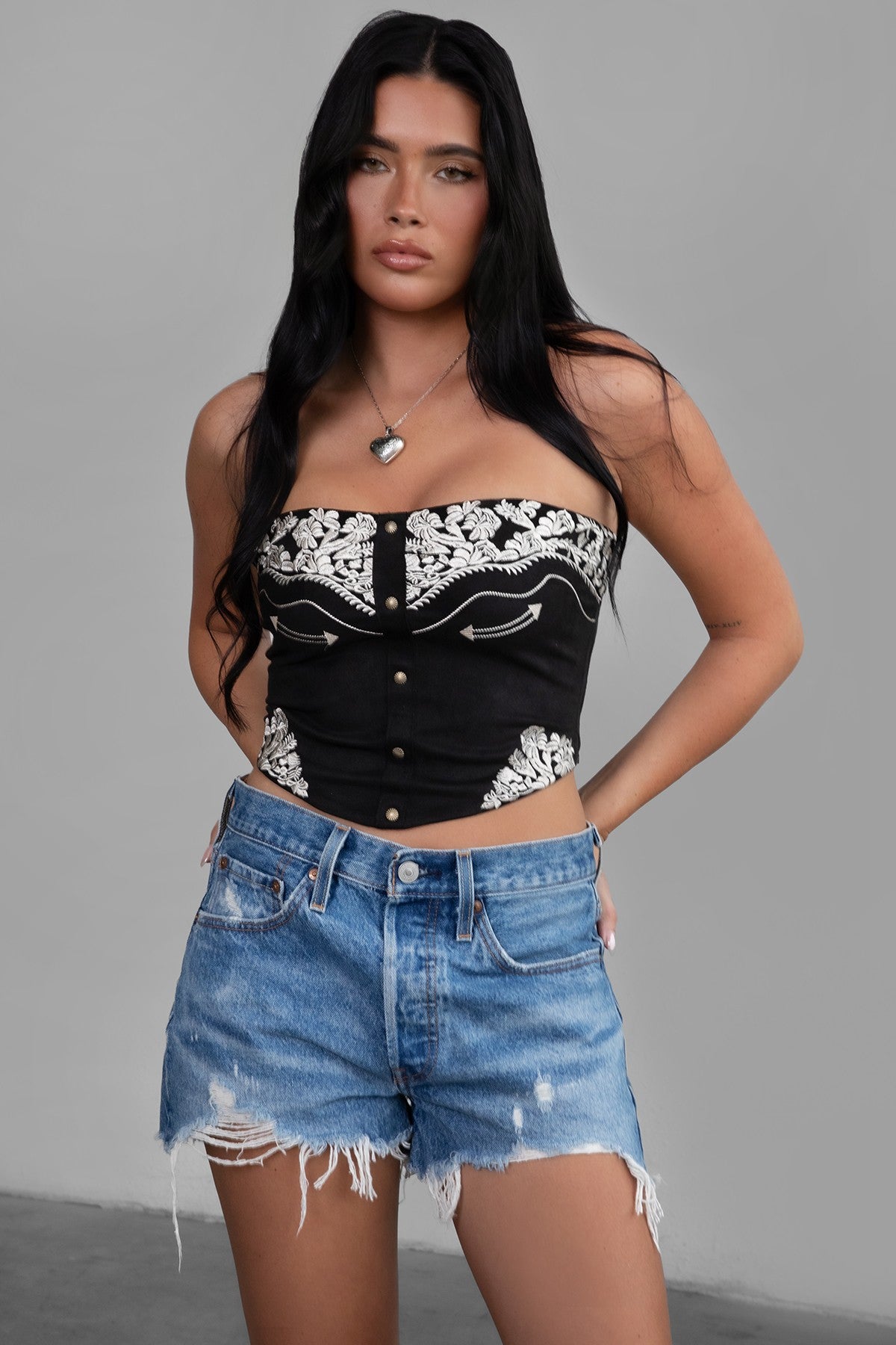 Black Montana Embroidered Suede Bustier Top