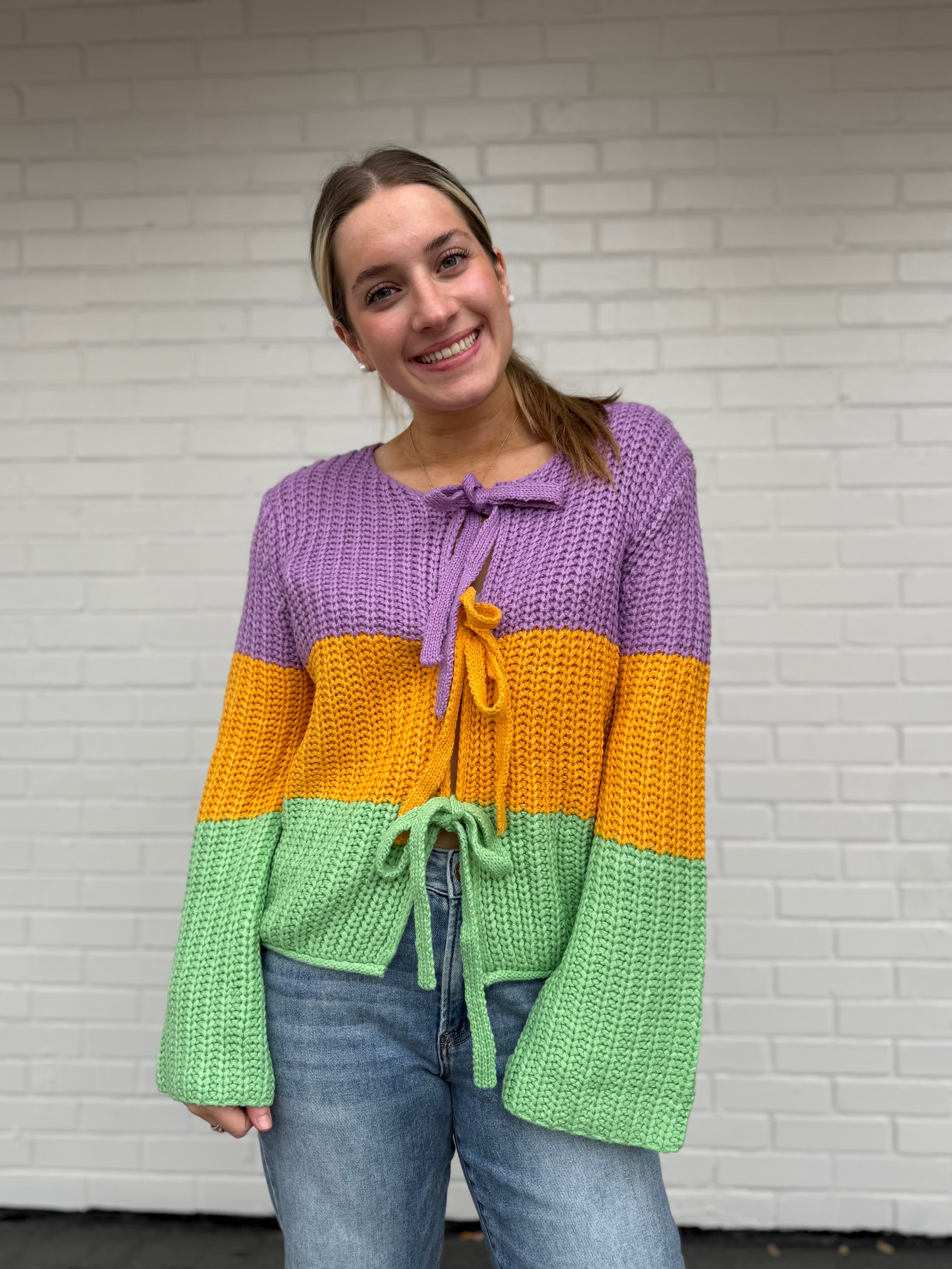 Mardi Gras Ribbed String Tied Cardigan