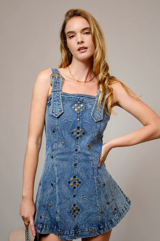 Studded Western Buckle Stretch Denim Dress