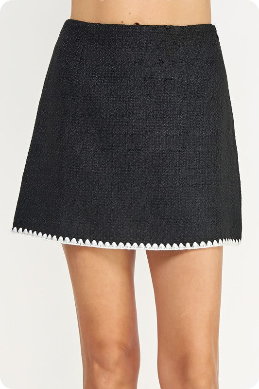 Black/White Embroidered Tweed Mini Skirt