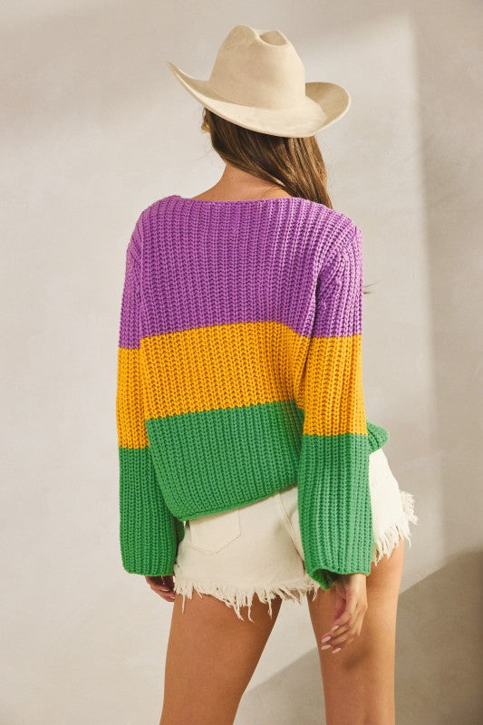 Mardi Gras Ribbed String Tied Cardigan