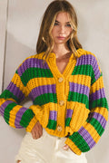 Classic Mardi Gras Stripe Ribbed Knit Cardigan