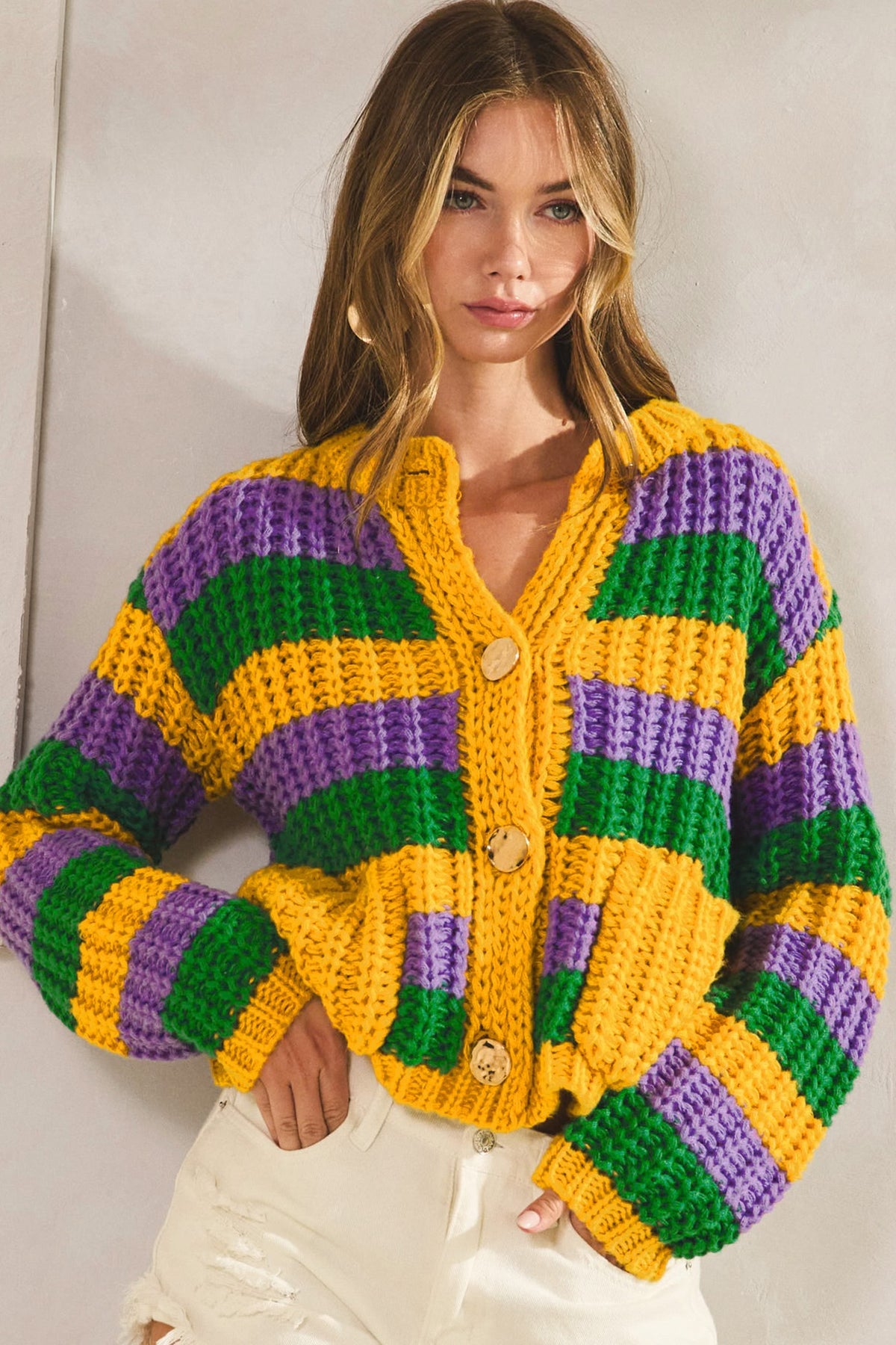 Classic Mardi Gras Stripe Ribbed Knit Cardigan