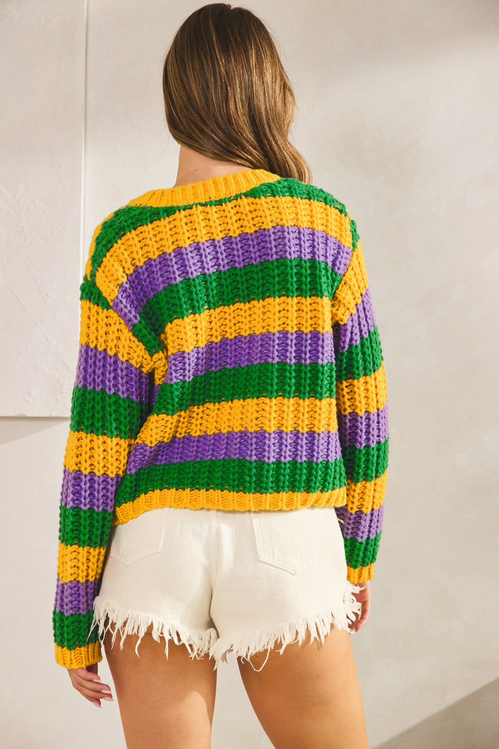 Classic Mardi Gras Stripe Ribbed Knit Cardigan