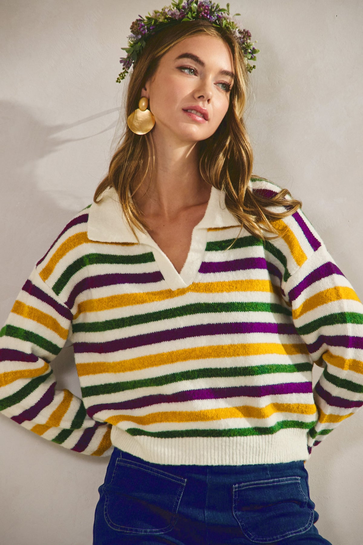 Mardi Gras Stripes Dolman Long Sleeves Sweater