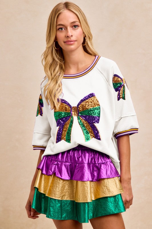 Ivory Mardi Gras Theme Ribbon Sequin Patched Top