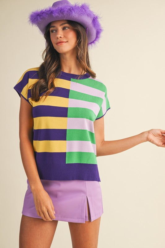 Mardi Gras Multi Color Stripe Mixed Sweater