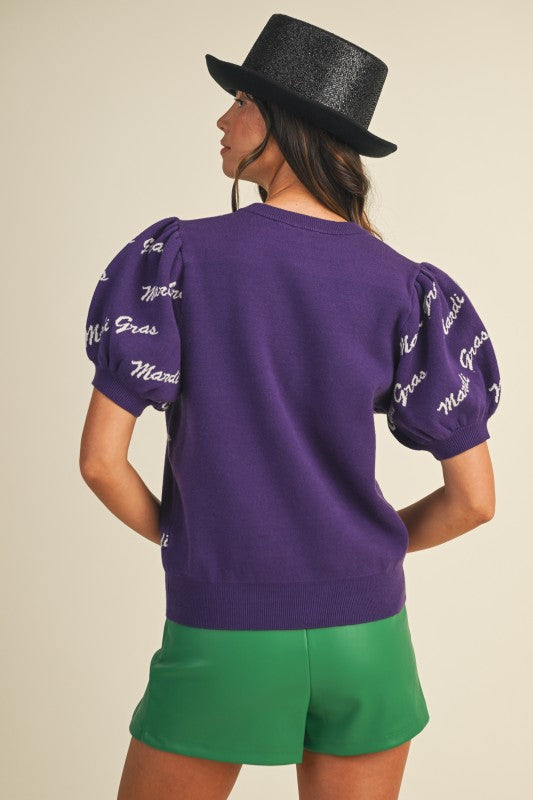 Purple Mardi Gras Lettering Short Puff Sleeve Sweater