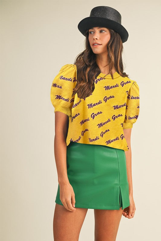 Gold Mardi Gras Lettering Short Puff Sleeve Sweater