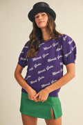 Purple Mardi Gras Lettering Short Puff Sleeve Sweater