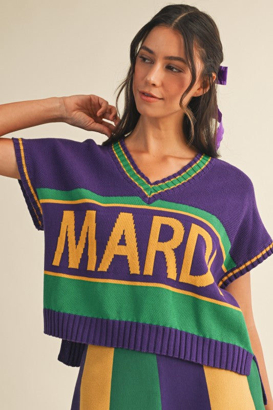 Mardi Gras Lettering Varsity Sweater Top
