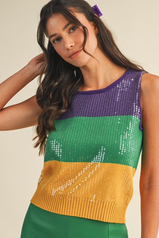 Mardi Gras Sequin Color Block Sweater Tank Top