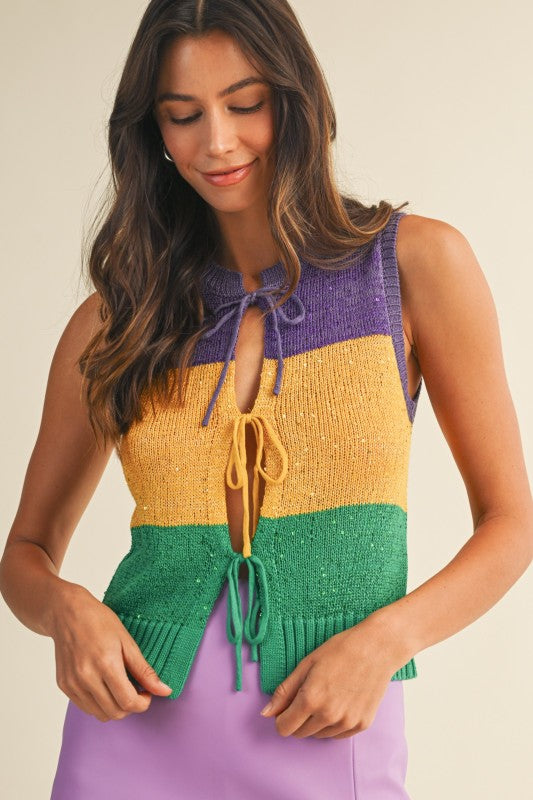 Mardi Gras Sequin Color Block Sweater Vest