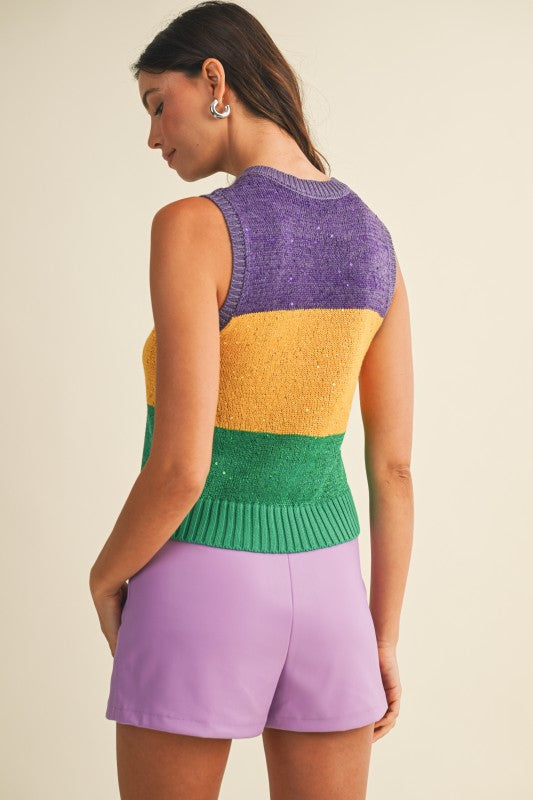 Mardi Gras Sequin Color Block Sweater Vest