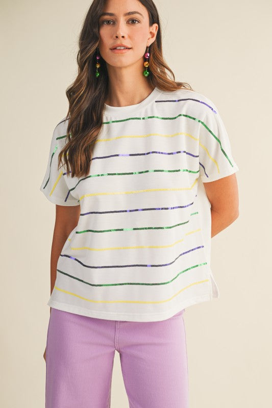 Mardi Gras Sequin Stripe Dolman Sleeve Knit Top