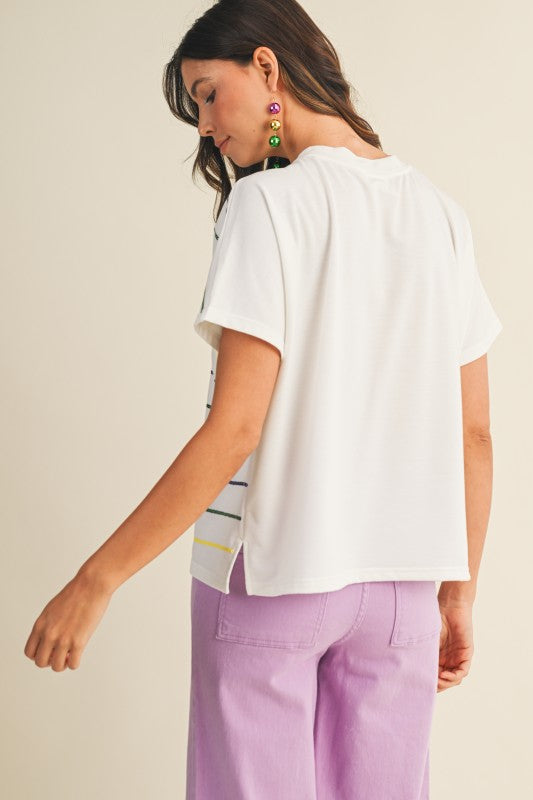 Mardi Gras Sequin Stripe Dolman Sleeve Knit Top