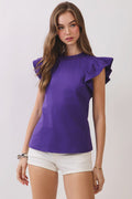 Purple Ruffled Flutter Sleeves Round Neck Sleeveless Top