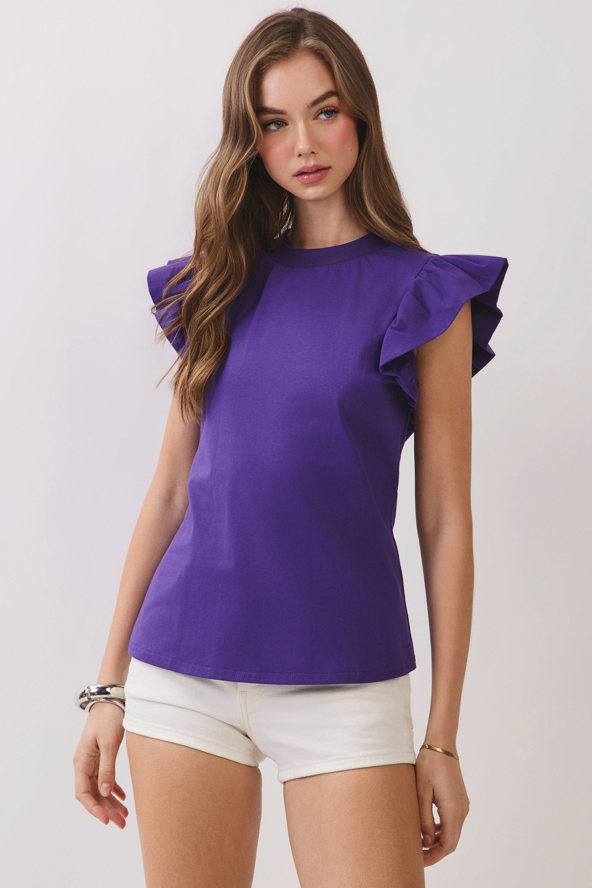 Purple Ruffled Flutter Sleeves Round Neck Sleeveless Top