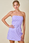 Lavender Strapless Polka Dot Denim Mini Dress With Belt