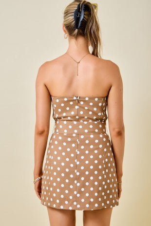 Brown Strapless Polka Dot Denim Mini Dress with Belt