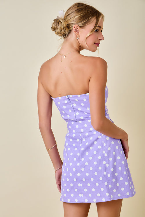 Lavender Strapless Polka Dot Denim Mini Dress With Belt