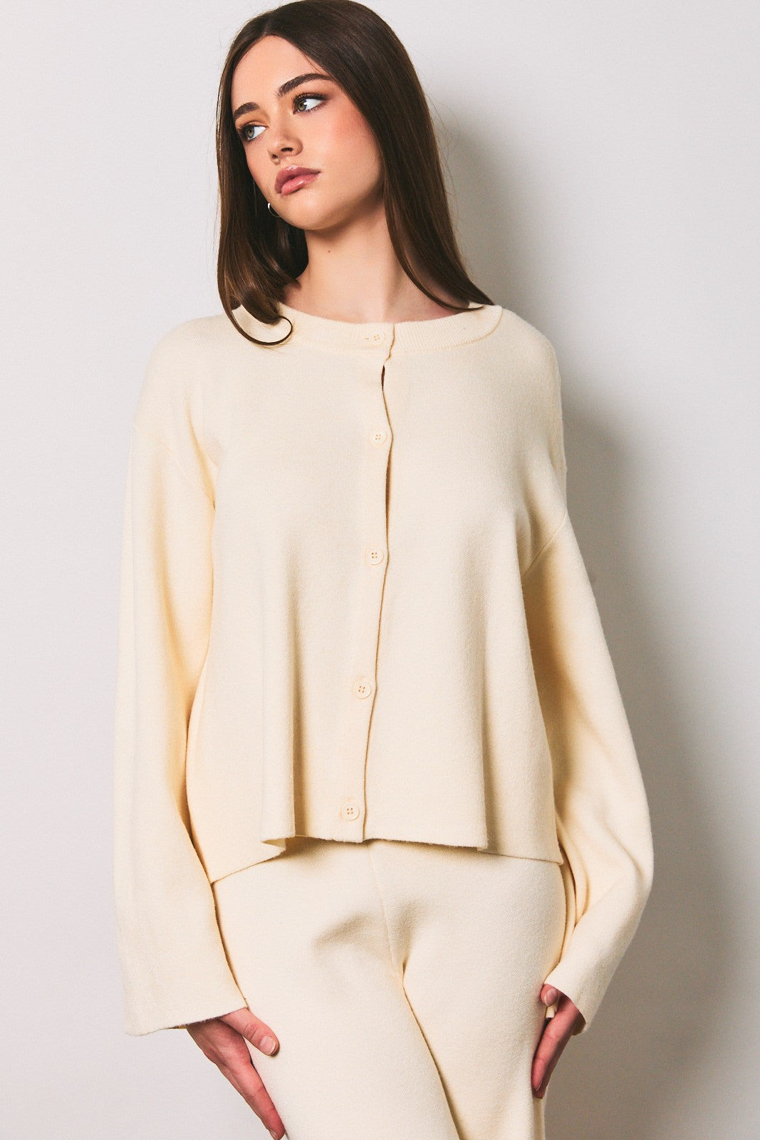 Cream Crew Neck Button Front Knit Cardigan Sweater