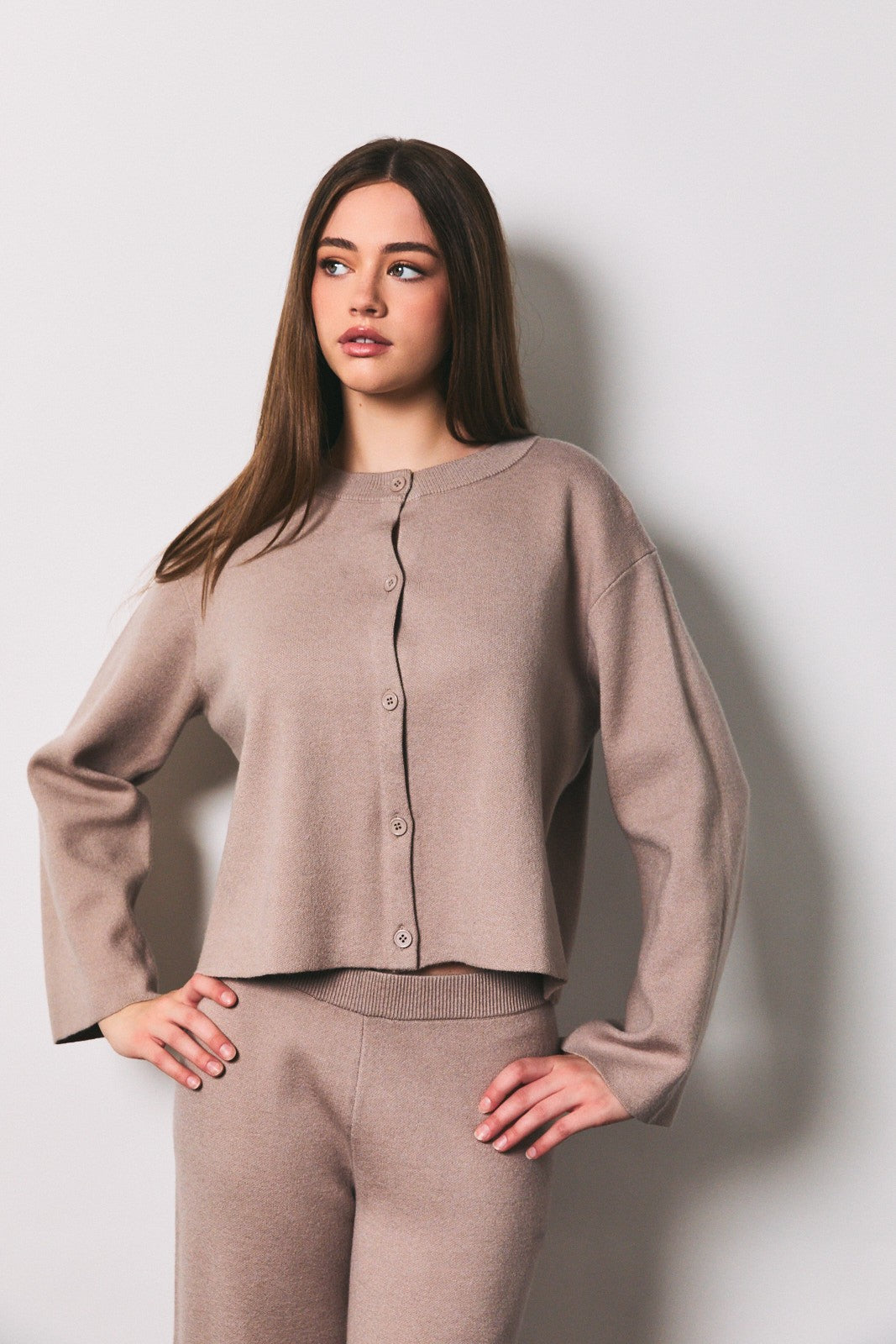 Taupe Crew Neck Button Front Knit Cardigan Sweater