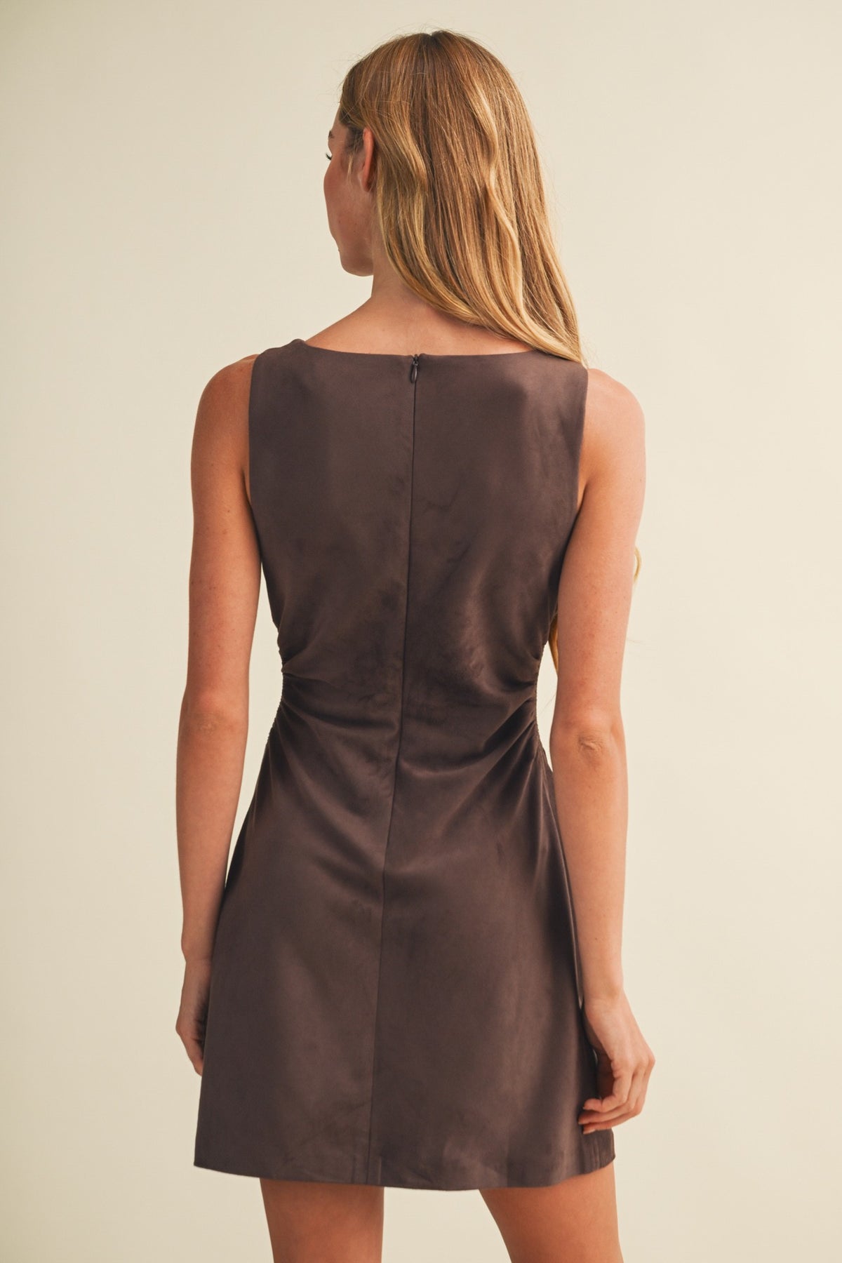 Chocolate Cowl-neck Side-ruched Sueded Knit Dress