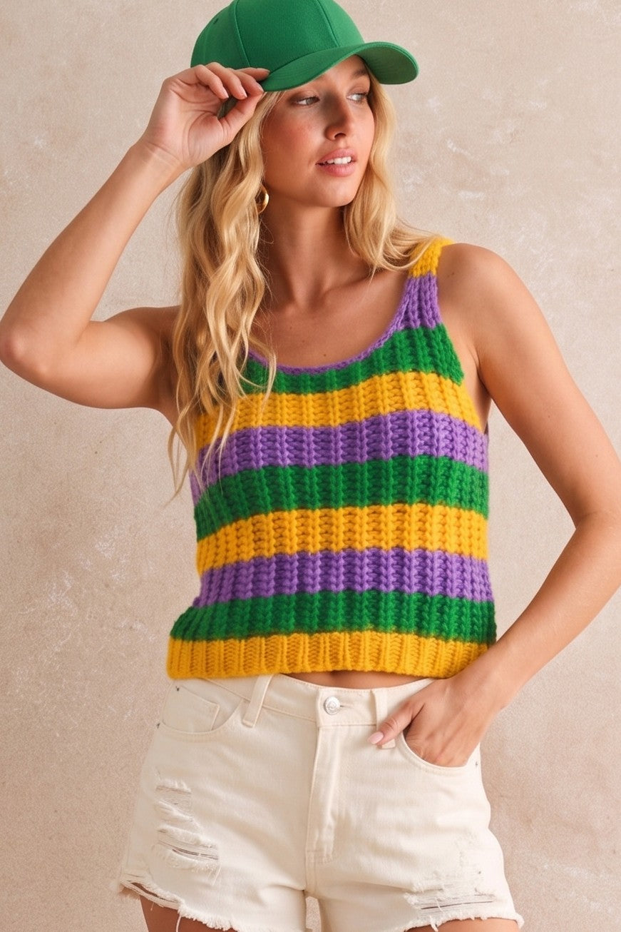 Classic Mardi Gras Stripe Ribbed Knit Tank Top