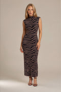 Zebra Print Mock Neck Sleeveless Knit Maxi Dress