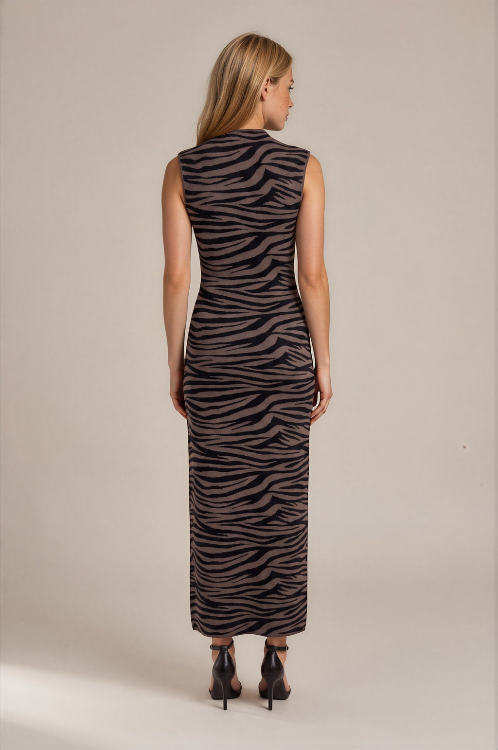 Zebra Print Mock Neck Sleeveless Knit Maxi Dress