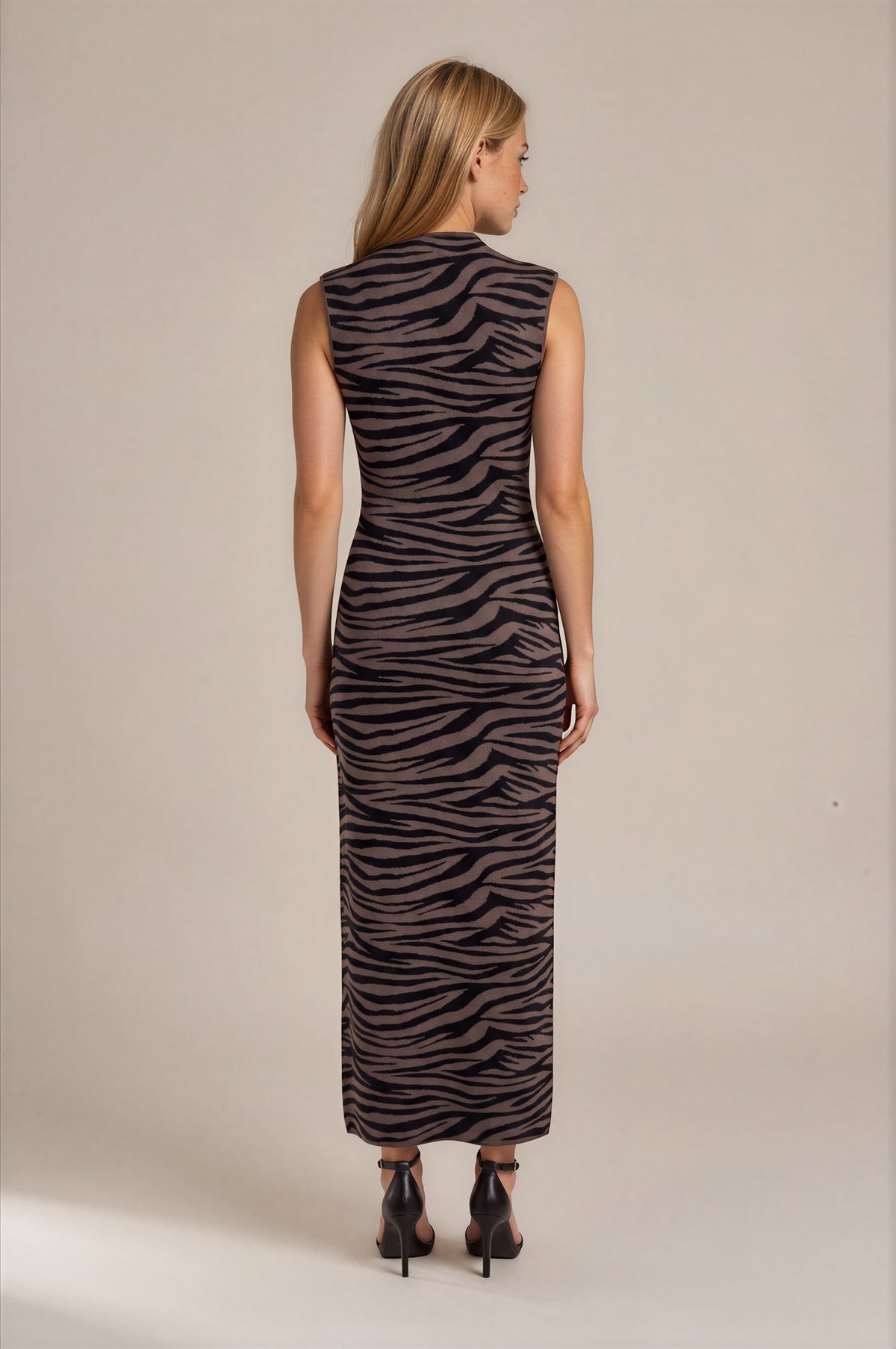 Zebra Print Mock Neck Sleeveless Knit Maxi Dress