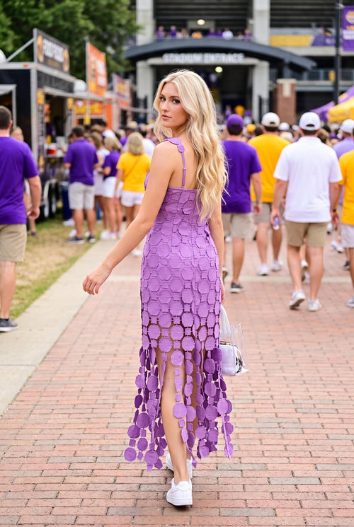 Purple 3d Lace Appliqué Fringe Hem Bodycon Midi Dress
