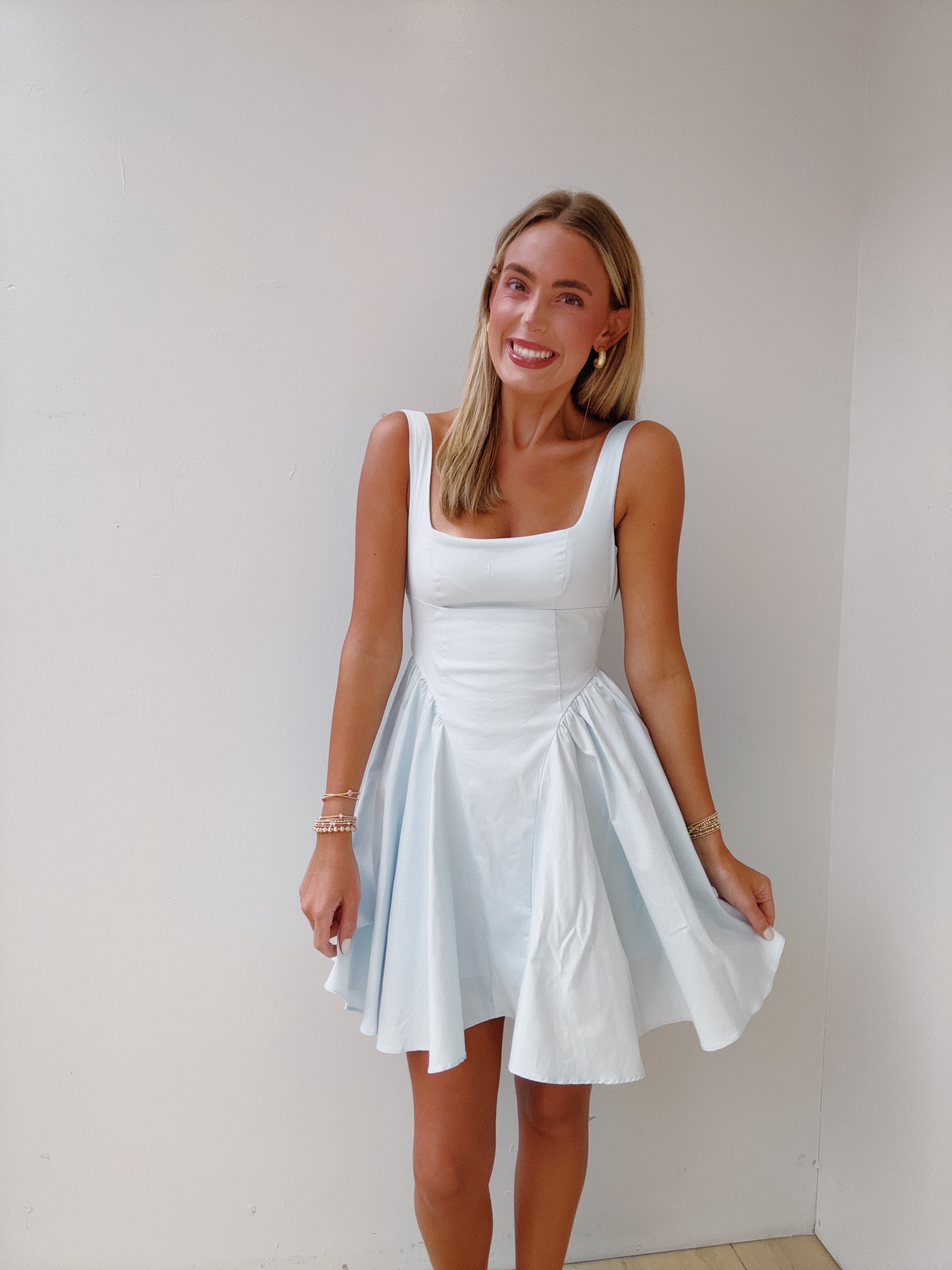 Ribbon Detailed Back Gathered Sides Flared Dress