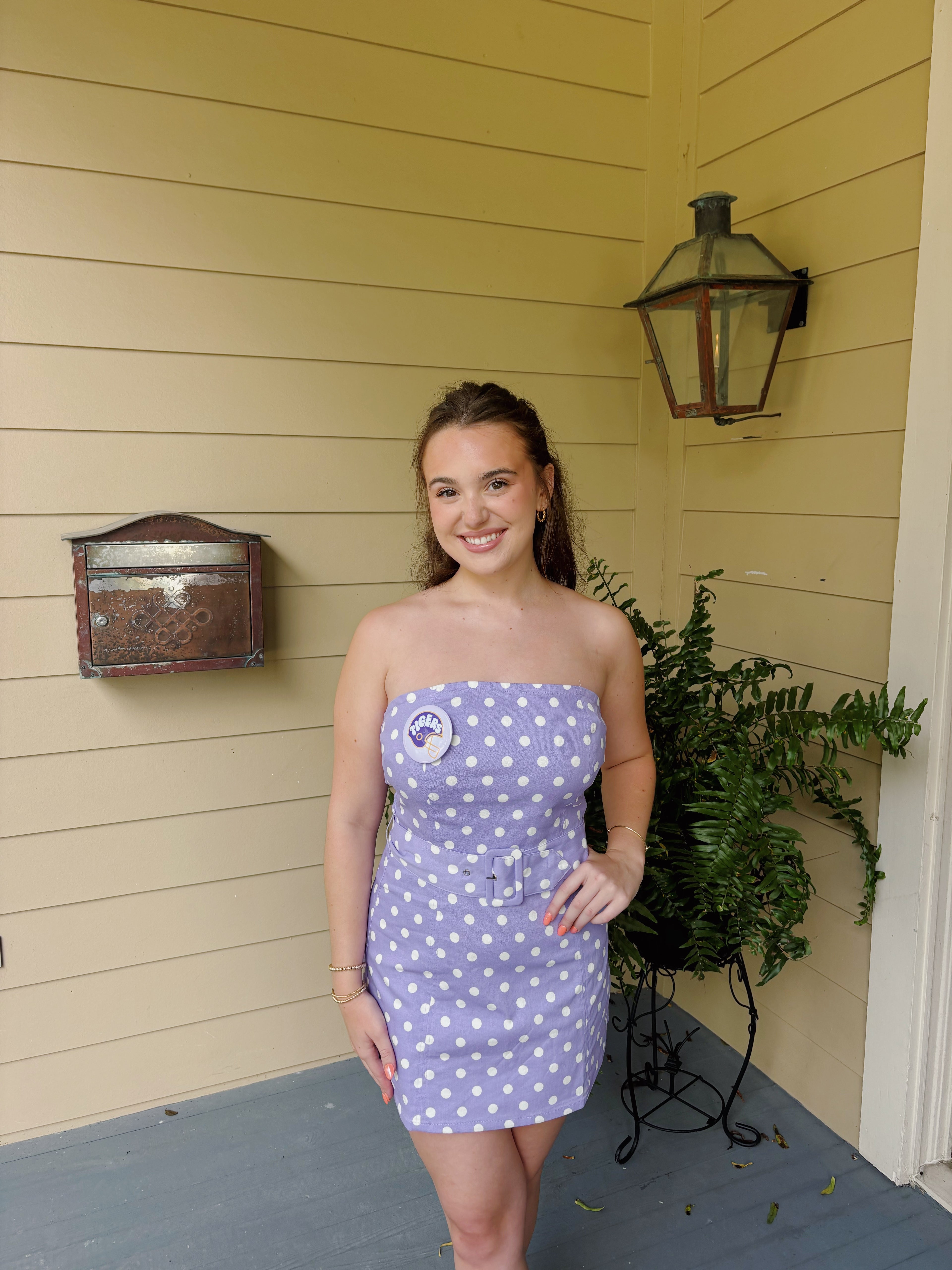 Lavender Strapless Polka Dot Denim Mini Dress With Belt