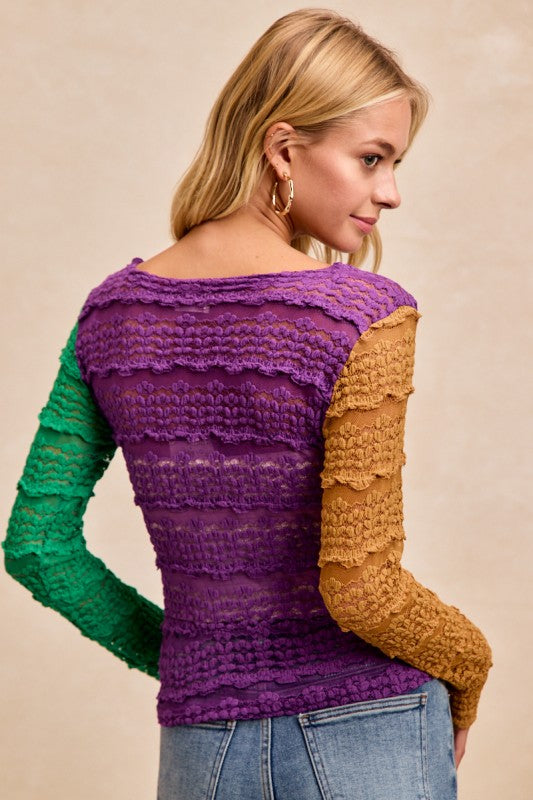 Multi Ruffles Detail Mardi Gras Color Block Flower Top