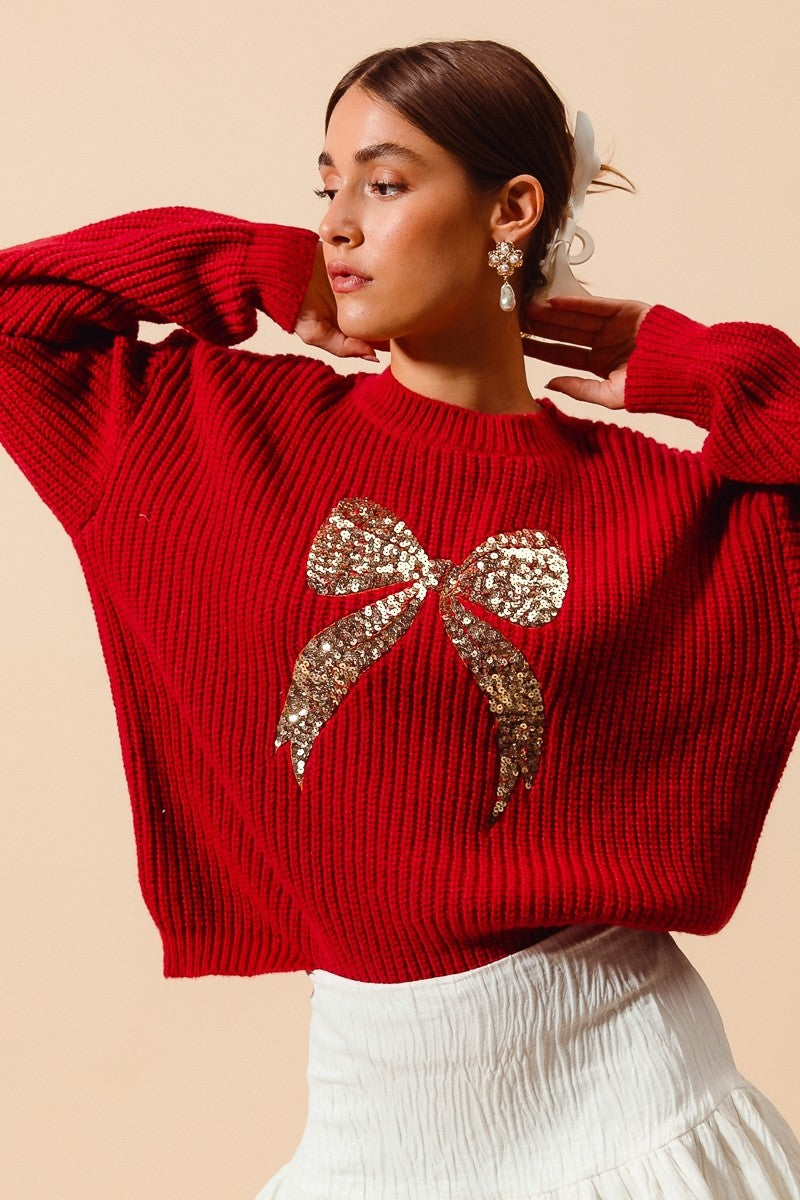 Red and Gold Ribbon Sequins Christmas Holiday Sweater Top