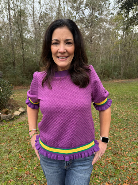 Mardi Gras Theme Quilted Knit Puff Sleeve Top